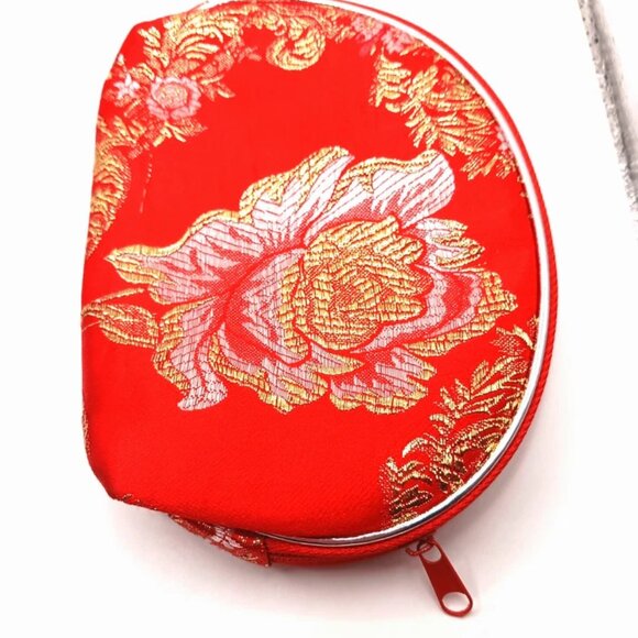 Red Womens Small Zippered Wallet - Purse Chinese Satin Floral 4x 5 - Picture 2 of 6